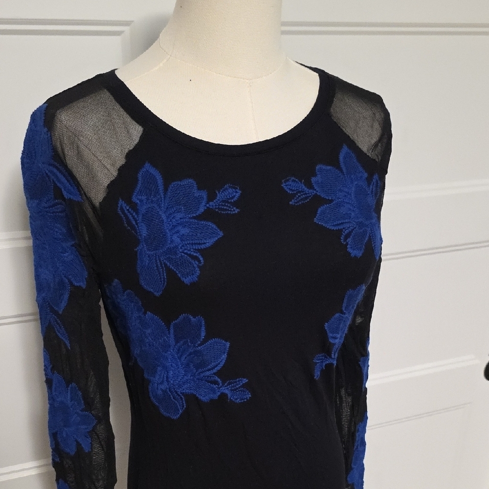 INC International Concepts Black Top with Blue Floral Accents